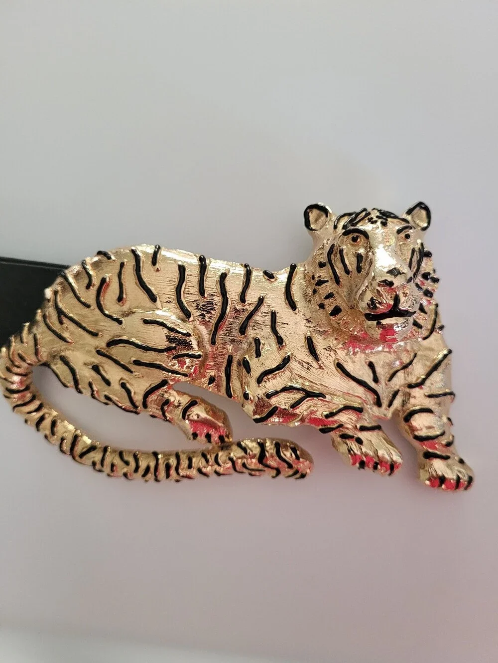 VTG Mimi Di 1987  Leopard Belt Buckle Black Gold Lux Animal  Removable Belt Leat